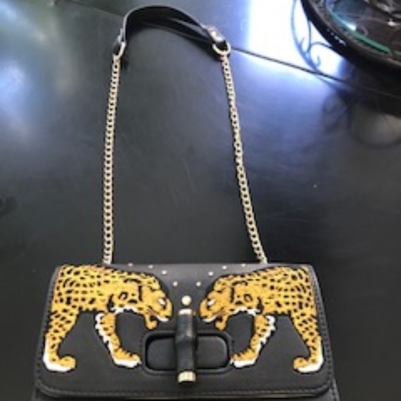 Neiman Marcus Medium Sized Black Embroidered Leopard Bag - Picture 6 of 6